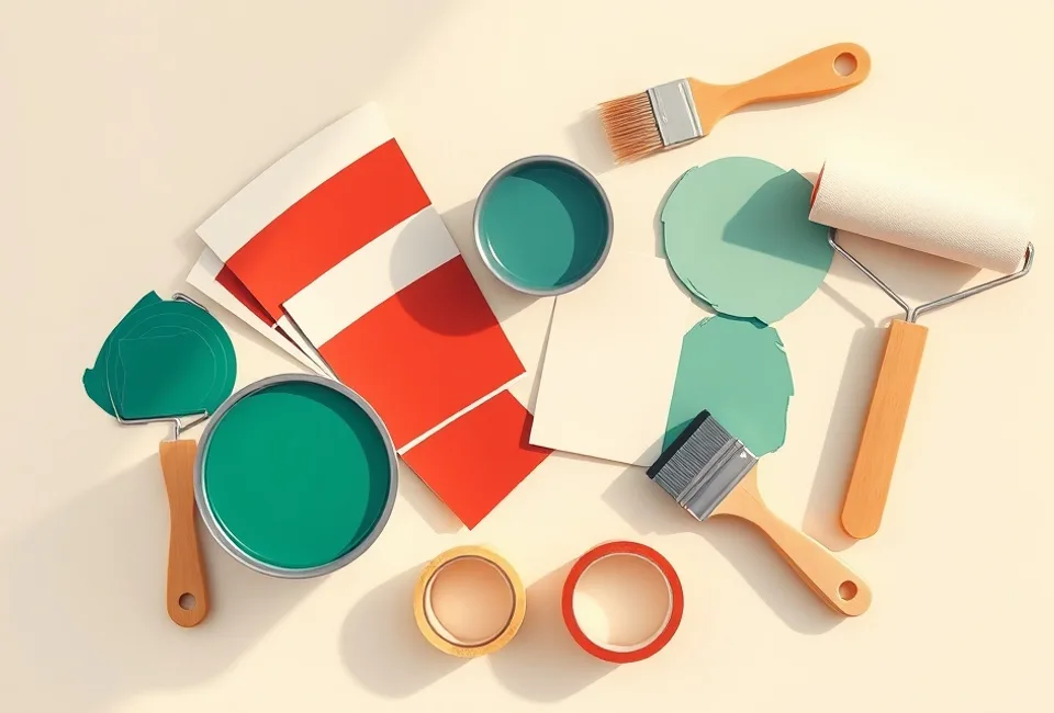 Pots de peinture, nuancier, brosses et rouleaux disposés à plat