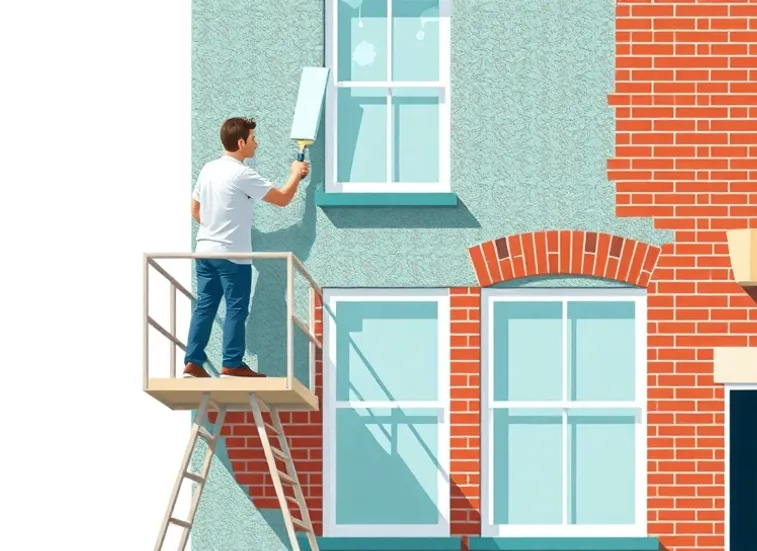 Peintre sur échafaudage traitant la façade d'une maison