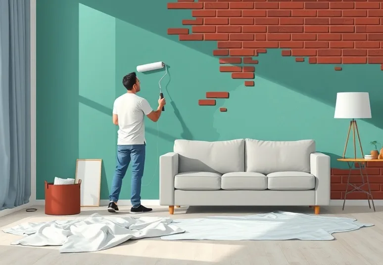 Peintre appliquant la peinture au rouleau sur un mur de salon
